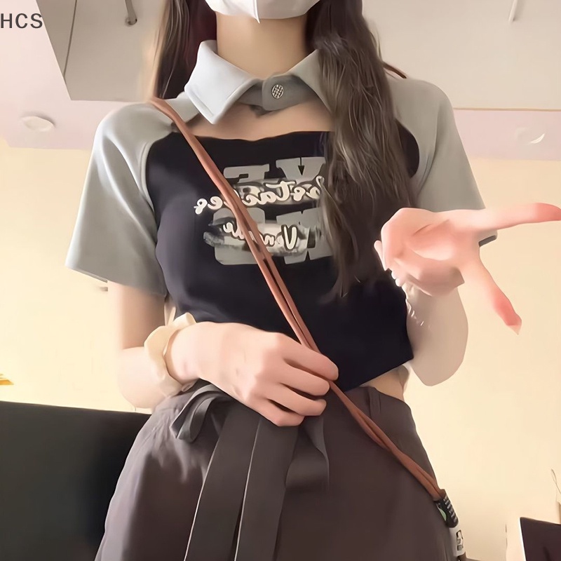 Hcs เสื้อครอปท็อป แขนสั้น คอปก พิมพ์ลาย สไตล์เกาหลี แฟชั่นฤดูร้อน สําหรับผู้หญิง HC
