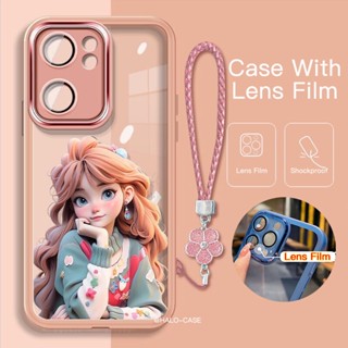 2in1 เคส OPPO Reno 10 Pro 5G Reno8T โทรศัพท์มือถือแบบนิ่ม กันกระแทก ลายเด็กผู้หญิงน่ารัก พร้อมฟิล์มเลนส์กล้อง สําหรับReno7Z 8Z 8Pro A77 A78