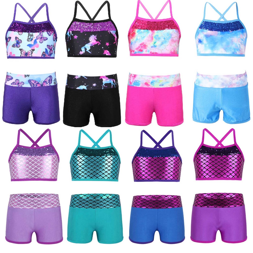 เด็กผู้หญิง Tankini ชุดแขนกุดเลื่อม Mermaid Scales พิมพ์เสื้อกล้ามพร้อมกางเกงชุดสําหรับบัลเล่ต์เต้นรํายิมออกกําลังกาย