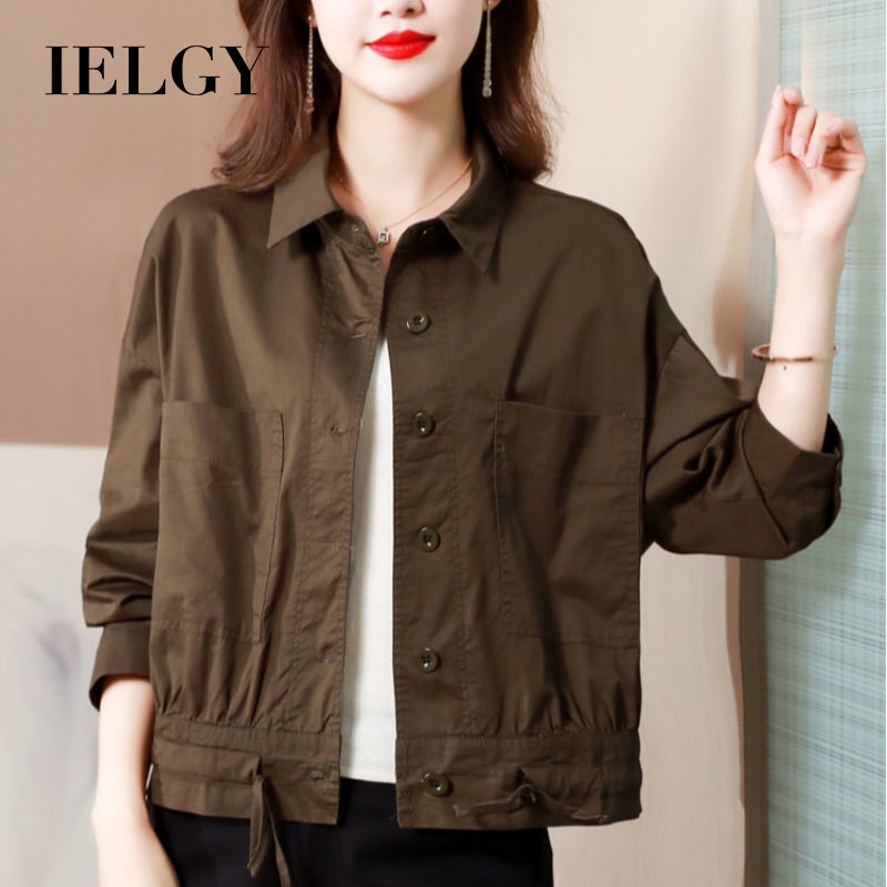 IELGY แกง สีแจ็คเก็ตบางผู้หญิงใหม่สไตล์เกาหลีหลวมหรูหราสบายๆสั้นเสื้อแขนยาว