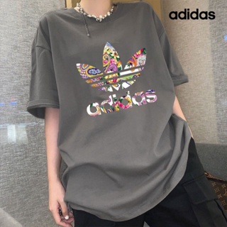 Adidas เสื้อยืดคอกลม แขนห้าส่วน ผ้าฝ้าย 100% พิมพ์ลายโลโก้ ทรงหลวม พลัสไซซ์ สําหรับผู้หญิง