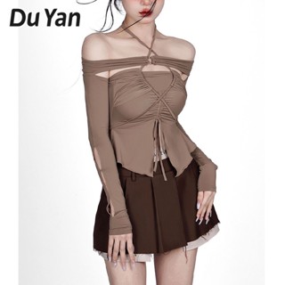 Du Yan เสื้อยืดแขนยาว คอแขวน เซ็กซี่ แฟชั่นฤดูใบไม้ผลิ สําหรับผู้หญิง