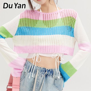 Du Yan เสื้อกันหนาว แขนยาว ทรงหลวม กันแดด ลายทาง แฟชั่นสําหรับผู้หญิง