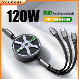 3 In 1 สายชาร์จ USB 6A โลหะผสมสังกะสี 120W สําหรับ ios Type C Micro