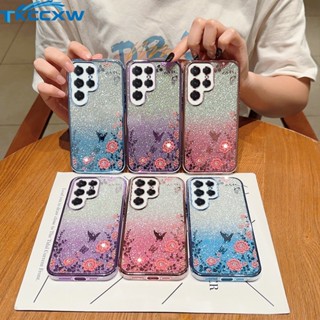 เคสโทรศัพท์มือถือ ไล่โทนสี ลายดอกไม้ ประดับเพชร กลิตเตอร์ สําหรับ Samsung Galaxy S23 S22 S21 S20 S10 S9 Plus S20 S21 S22 S23 Ultra