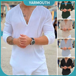 Yyr-- เสื้อยืดคอวี แขนสามส่วน ทรงหลวม ดูดซับเหงื่อ สีพื้น แนวสตรีท เหมาะกับฤดูร้อน สําหรับผู้ชาย