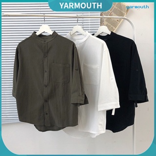 Yyr-- เสื้อเชิ้ตลําลอง คอปก แขน 3/4 ทรงหลวม สีพื้น กระดุมแถวเดียว แนวสตรีท แฟชั่นฤดูร้อน สําหรับผู้ชาย