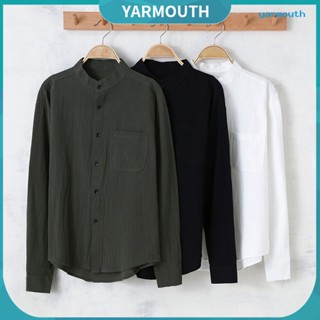 Yyr-- เสื้อเชิ้ตแขนยาวลําลอง คอปก แต่งกระดุมแถวเดียว ทรงหลวม ระบายอากาศได้ดี สีพื้น แฟชั่นฤดูใบไม้ผลิ สําหรับผู้ชาย