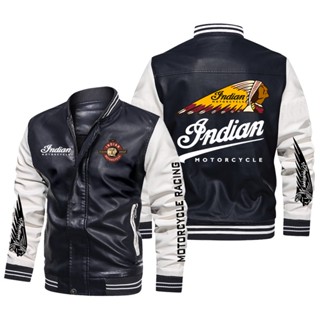 INDIAN LOGO jacket FTR CARBON SCOUT BOBBER CHIEF BOBBER DARK HORSE VINTAGE DARK HORSE SPRINGFIELD ROADMASTER motorcycle long-sleeved plus fleece warm stitching color PU leather baseball uniform windproof jacket