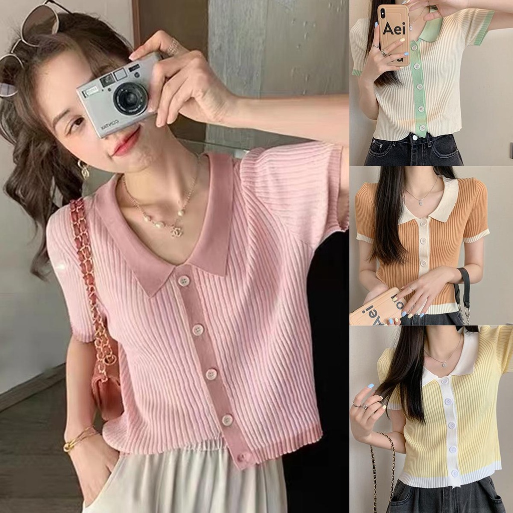 KOKO *พร้อมส่ง*เสื้อครอปแฟชั่น เเขนสั้นผู้หญิง คอโปโล สไตล์หวานๆของเกาหลี ตัดขอบสี เนื้อผ้านุ่มสบาย