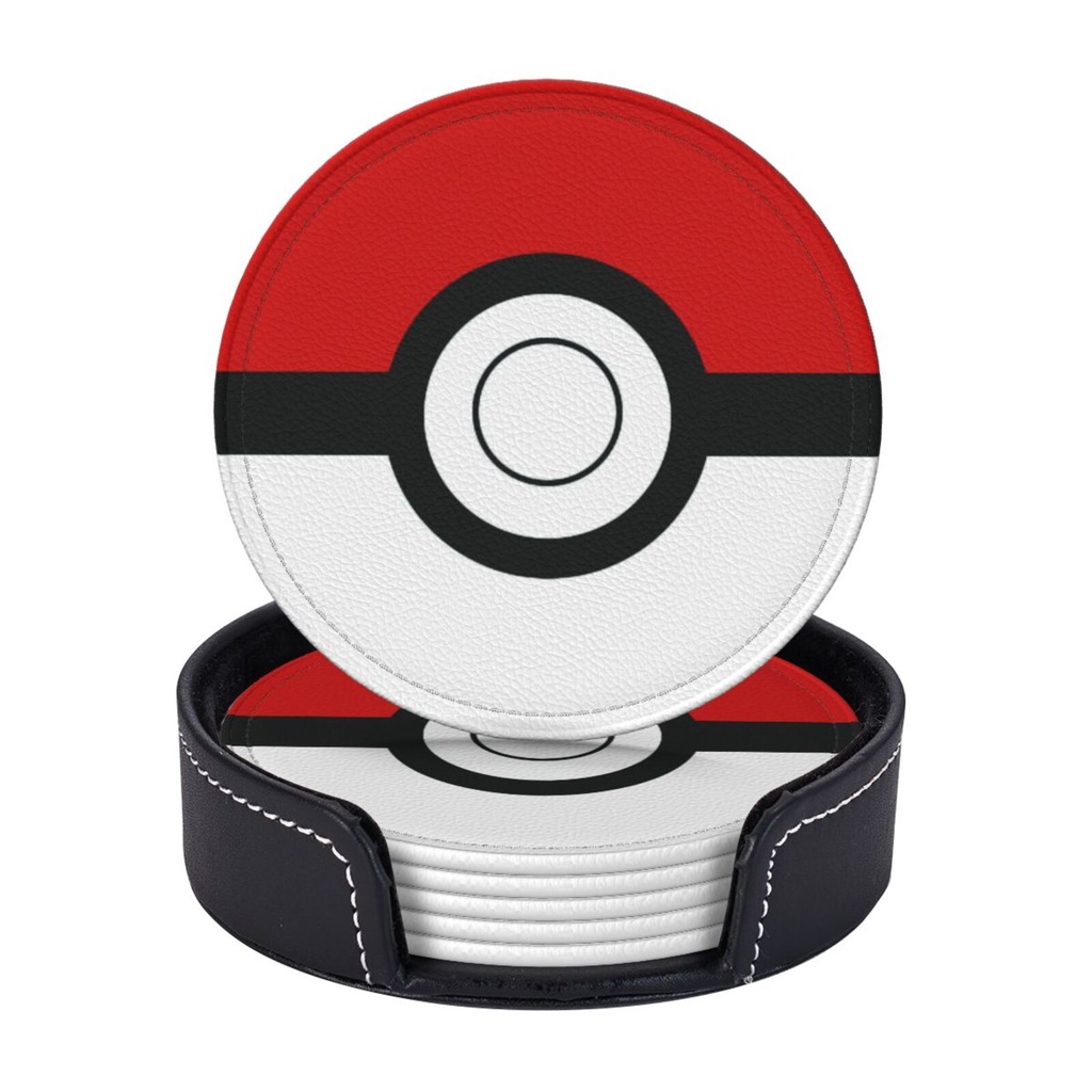 Pokemon Pikachu Coasters ,6 ชิ้นที่รองแก้วหนังพร้อมที่วางปกป้องเฟอร์นิเจอร์จากเครื่องหมายน้ํารอยขีดข่วนและความเสียหาย