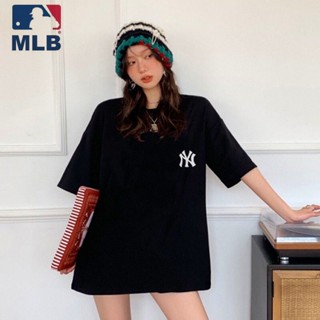 Mlb100% เสื้อยืดคอกลม แขนห้าส่วน ผ้าถัก พิมพ์ลายโลโก้ ทรงหลวม ใส่สบาย สําหรับผู้ชาย และผู้หญิง