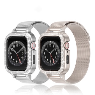 สายนาฬิกาข้อมือโลหะ ประดับเพชร พร้อมสายคล้อง สําหรับ iWatch band 45 มม. 41 มม. iWatch Series SE 8 7 6 5 4 44 มม. 40 มม.