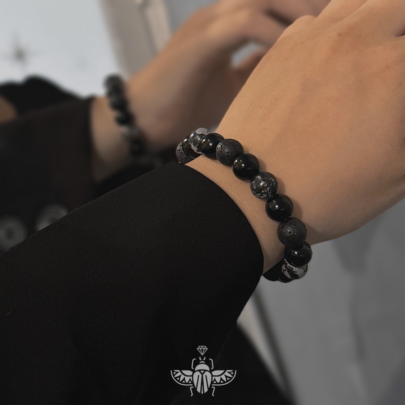 สร้อยข้อมือลูกปัดหินภูเขาไฟออบซิเดียนชาย สร้อยข้อมือสไตล์คู่รัก - รูปที่ 6