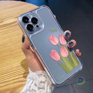 โปร่งใสเคสโทรศัพท์ สําหรับไอโฟน 11 12 13 14 15 Pro Max 7 8 Plus XR X XS MAX SE ดอกทิวลิปสีชมพู เปลือกกันกระแทกนุ่ม