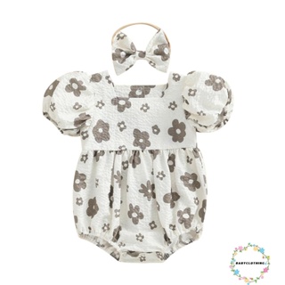 Babyclothes- ชุดจั๊มสูทรอมเปอร์ แขนสั้น แขนพัฟ พิมพ์ลายดอกไม้ พร้อมที่คาดผม สําหรับเด็กทารกแรกเกิดผู้หญิง