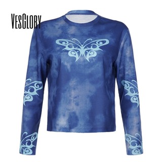 Vesglory เสื้อครอปท็อปลําลอง แขนยาว คอกลม ทรงหลวม พิมพ์ลาย สีพื้น แฟชั่นสําหรับสตรี 2023