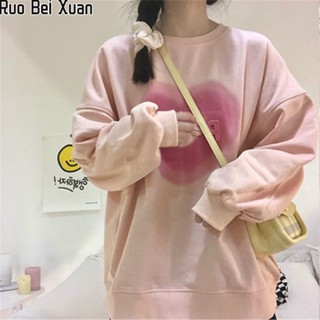 Ruo Bei Xuan เสื้อสเวตเตอร์คอกลมพิมพ์ลายหลวมใหม่ของผู้หญิง