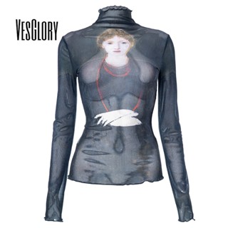 Vesglory เสื้อครอปท็อป แขนยาว คอสูง พิมพ์ลาย สีพื้น ทรงสลิมฟิต แฟชั่นสําหรับผู้หญิง 2023