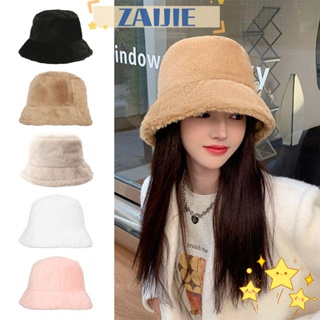 Zaijie24 หมวกบักเก็ต ขนเฟอร์เทียม นิ่ม อบอุ่น สีพื้น เหมาะกับหน้าหนาว สําหรับผู้หญิง