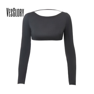 Vesglory เสื้อครอปท็อปแขนยาว คอกลม เปิดหลัง เข้ารูป พิมพ์ลาย สีพื้น แฟชั่นสําหรับสตรี 2023