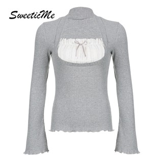 Sweeticme เสื้อยืดแขนยาว คอสี่เหลี่ยม ผ้าถัก ประดับโบว์ สีตัดกัน แฟชั่นสําหรับสตรี 2023