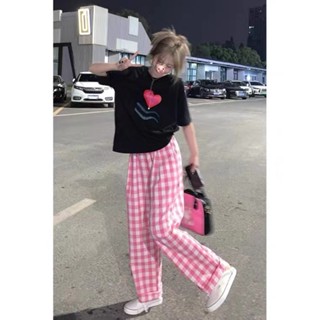 442# pink plaid pants Womens Summer Thin Section American Retro Tooling Sports Wide Leg Casual Pants