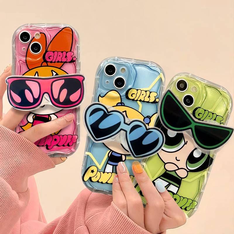 【Powerpuff Girls】เคสโทรศัพท์มือถือนิ่ม ไล่โทนสี ลายคลื่นน่ารัก พร้อมจุกติด สําหรับ IPhone 11 12 13 14 Pro MAX X XR XS MAX 14 Plus
