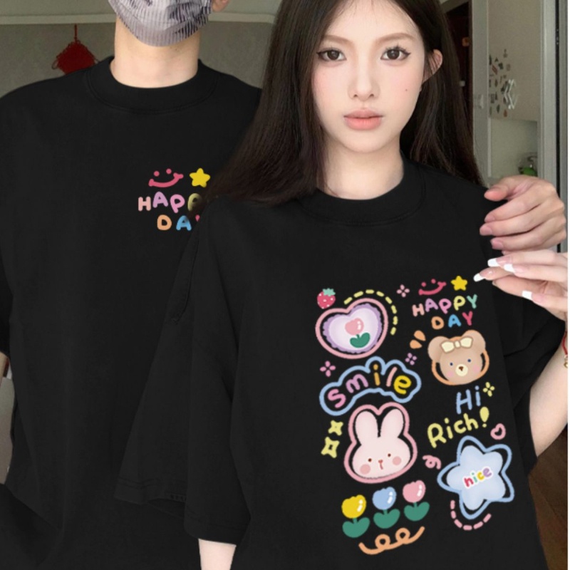 ฤดูร้อนการ์ตูนเกาหลีพิมพ์คู่แขนสั้นเสื้อยืดลําลองหลวมน่ารักรอบคอด้านบน
