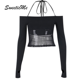 Sweeticme ใหม่ เสื้อยืดซีทรู แขนยาว เปิดไหล่ เซ็กซี่ สีพื้น แฟชั่นสําหรับผู้หญิง 2023