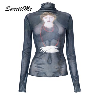 Sweeticme ใหม่ เสื้อยืดซีทรู แขนยาว คอเต่า เข้ารูป พิมพ์ลาย แฟชั่นสําหรับสตรี 2023