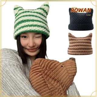 Rowans หมวกบีนนี่ญี่ปุ่น หูแมวน่ารัก แบบสวมหัว หมวกผู้หญิง ลายทาง