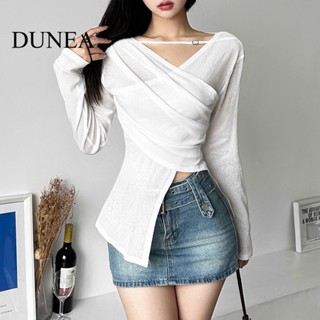 Dunea เสื้อยืด คอวี แขนยาว จับจีบ เซ็กซี่ สําหรับผู้หญิง