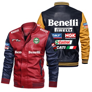 MOTOGP Benelli jacket 600RR TNT150i Tornado302 TNT600 BN302S TRK502 TORNADO252 SRK600 motorcycle riding long sleeve plus fleece warm stitching color PU leather baseball uniform windproof jacket