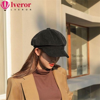 Lveror หมวกแปดเหลี่ยม ทรงโดม ผ้าลูกฟูก หางเป็ด ปีกสั้น สีพื้น สไตล์วินเทจ สําหรับผู้หญิง