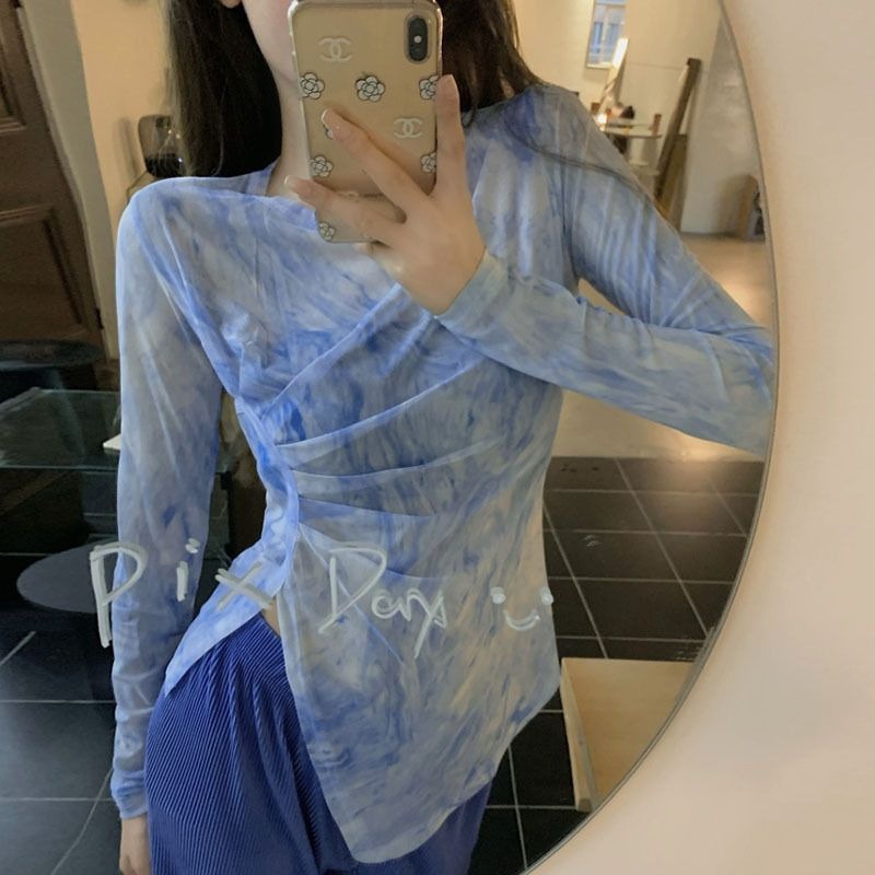 เสื้อเชิ้ตแขนยาว คอกลม ผ้าโปร่ง สีมัดย้อม สุดเซ็กซี่ สไตล์อเมริกา สําหรับผู้หญิง