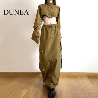 Dunea ชุดเสื้อครอปแขนยาว มีซิป และกระโปรง เอวสูง เซ็กซี่ สําหรับผู้หญิง