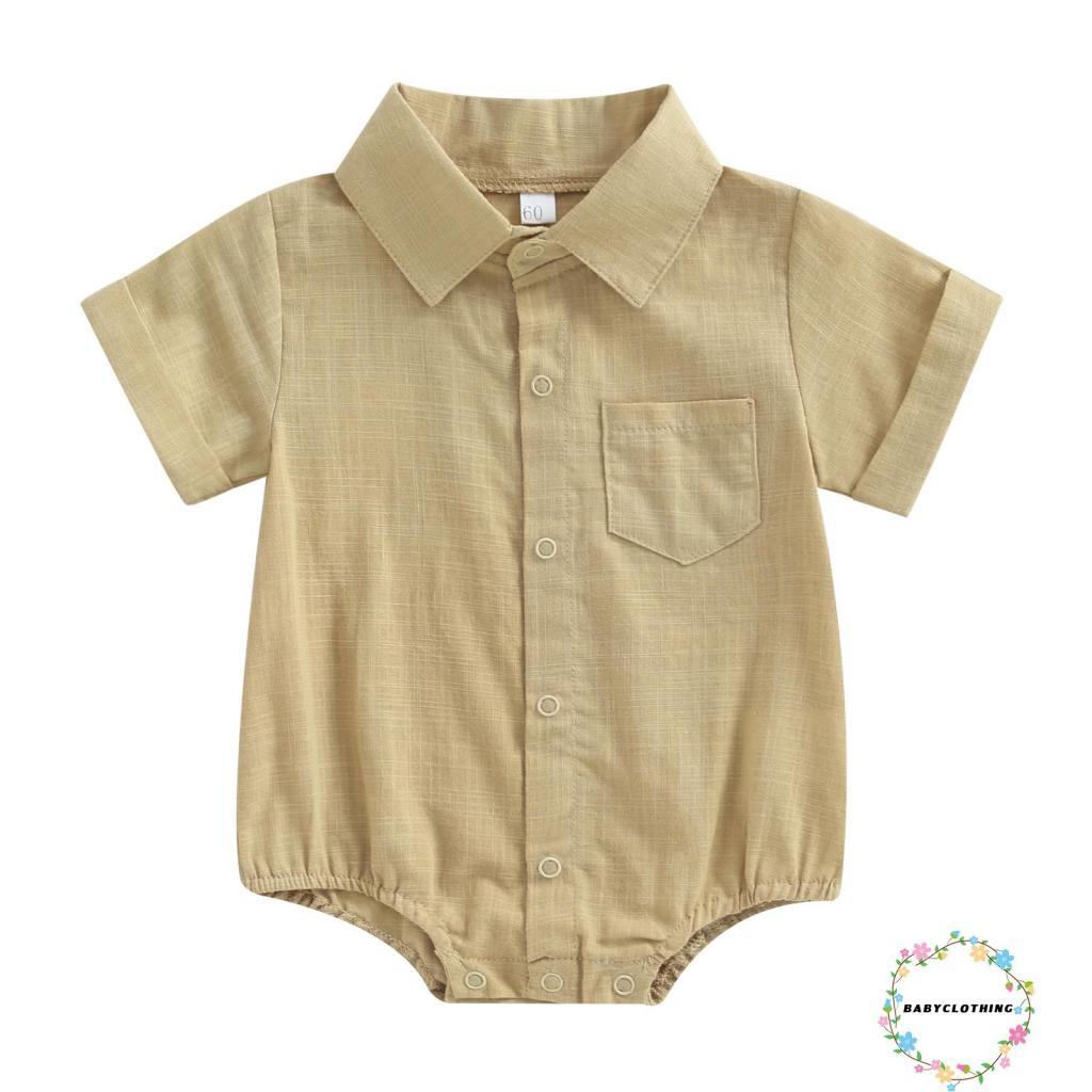 Babyclom-ชุดรอมเปอร์ฤดูร้อนสําหรับเด็กสีทึบปุ่มลงเสื้อจั๊มสูทแขนสั้นสําหรับเด็กวัยหัดเดินเด็กผู้หญิงเสื้อผ้าน่ารัก