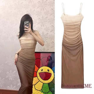 [] - ผู้หญิง Midi Bodycon ชุดไล่ระดับสี Ruched แขนกุดฤดูร้อนชุดราตรีปาร์ตี้สลิป