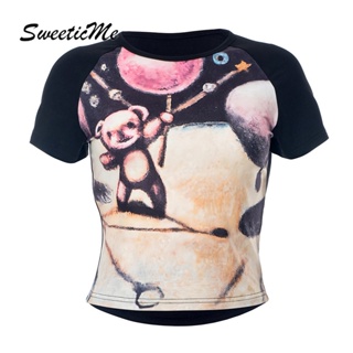 Sweeticme ใหม่ เสื้อยืดคอกลม แขนสั้น พิมพ์ลายน่ารัก สีตัดกัน แฟชั่นสําหรับผู้หญิง 2023