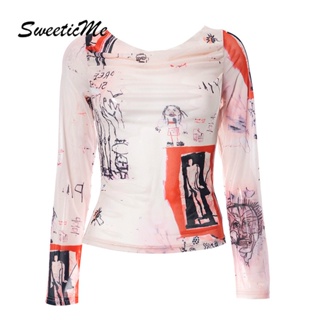 Sweeticme ใหม่ เสื้อยืดซีทรู แขนสั้น คอกลม เข้ารูป พิมพ์ลาย แฟชั่นสําหรับสตรี 2023