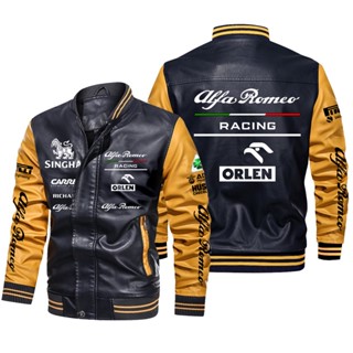 Alfa Romeo F1 Team Stake Jacket Racing Long Sleeve Plus Fleece Warm Stitching Color PU Leather Baseball Uniform Windproof Jacket