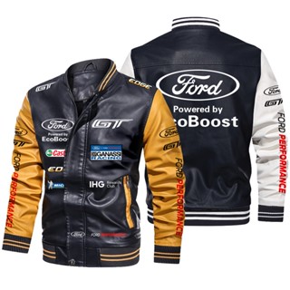 FORD LOGO jacket Fiesta FOCUS racing long-sleeved plus velvet warm stitching color PU leather baseball uniform windproof jacket