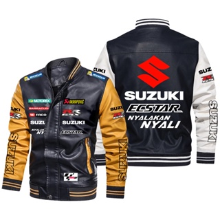 MOTOGP SUZUKI Jacket GSX-R600 GSX650F B-King Katana DL650 GSX-R750 K5/K6/K7/K8/K9 GSX-R1000 Hayabusa GSR750 GW250 FGSX-S1000F Racing Long Sleeve Plus Fleece Warm Stitching Color PU Leather Baseball Uniform Windproof Jacket