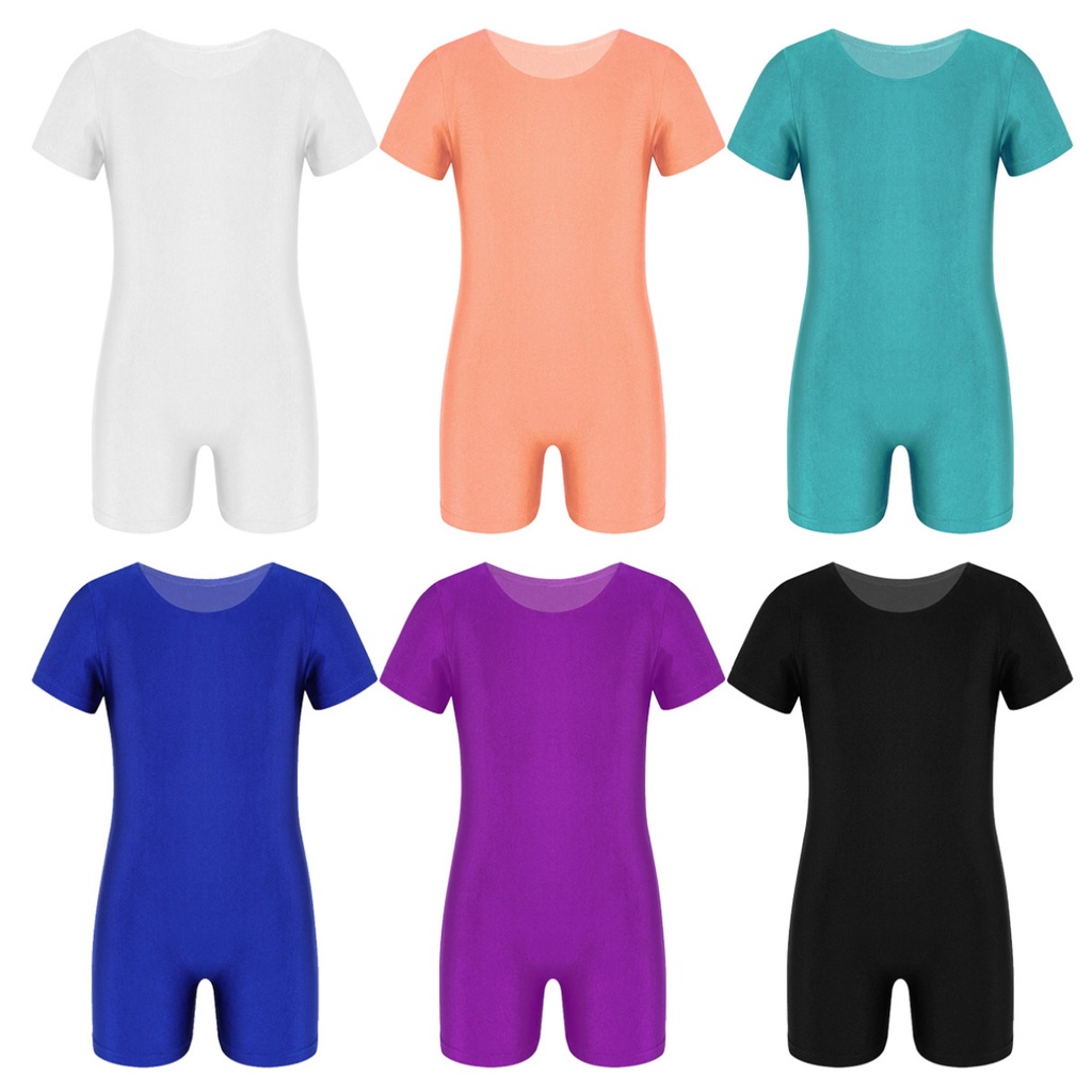 เด็กชายหญิงแขนสั้นสีทึบยืดบัลเล่ต์เต้นรํายิมนาสติก Leotard Jumpsuit Unitard