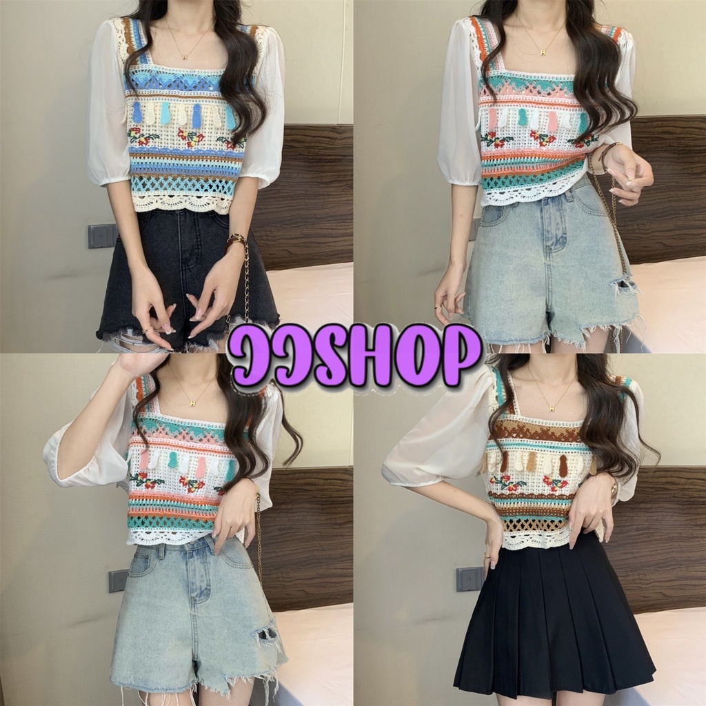 JJ Shop​💜​พร้อมส่ง เสื้อถักไหมพรมแขนสั้น สีพาสเทลผ้าชีฟอง ใส่สบาย "72026" -C