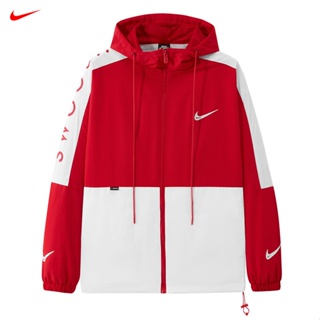 Nike ของแท้ 100% เสื้อแจ็กเก็ตคาร์ดิแกน มีฮู้ด มีซิป สีตัดกัน สําหรับผู้ชาย เหมาะกับการขี่จักรยานกลางแจ้ง