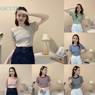 Gjcute เสื้อยืดลําลอง คอกลม แขนสั้น ผ้าถัก ลายทาง ฤดูร้อน สําหรับสตรี WTD