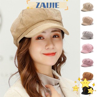 Zaijie24 หมวกปีกสั้น ผ้าลูกฟูก ทรงโดมแปดเหลี่ยม สีพื้น สไตล์วินเทจ สําหรับผู้หญิง