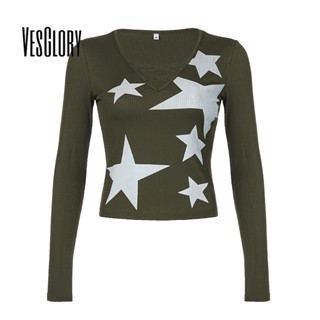 Vesglory เสื้อครอปท็อป แขนยาว คอกลม พิมพ์ลาย สีพื้น ทรงสลิมฟิต แฟชั่นสําหรับผู้หญิง 2023